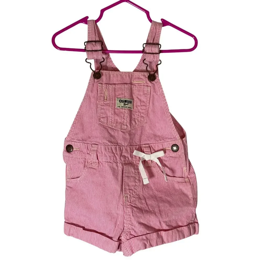 OshKosh B Gosh Pink Conductor Stripe Shorts Overalls Toddler 18M Denim Cotton
